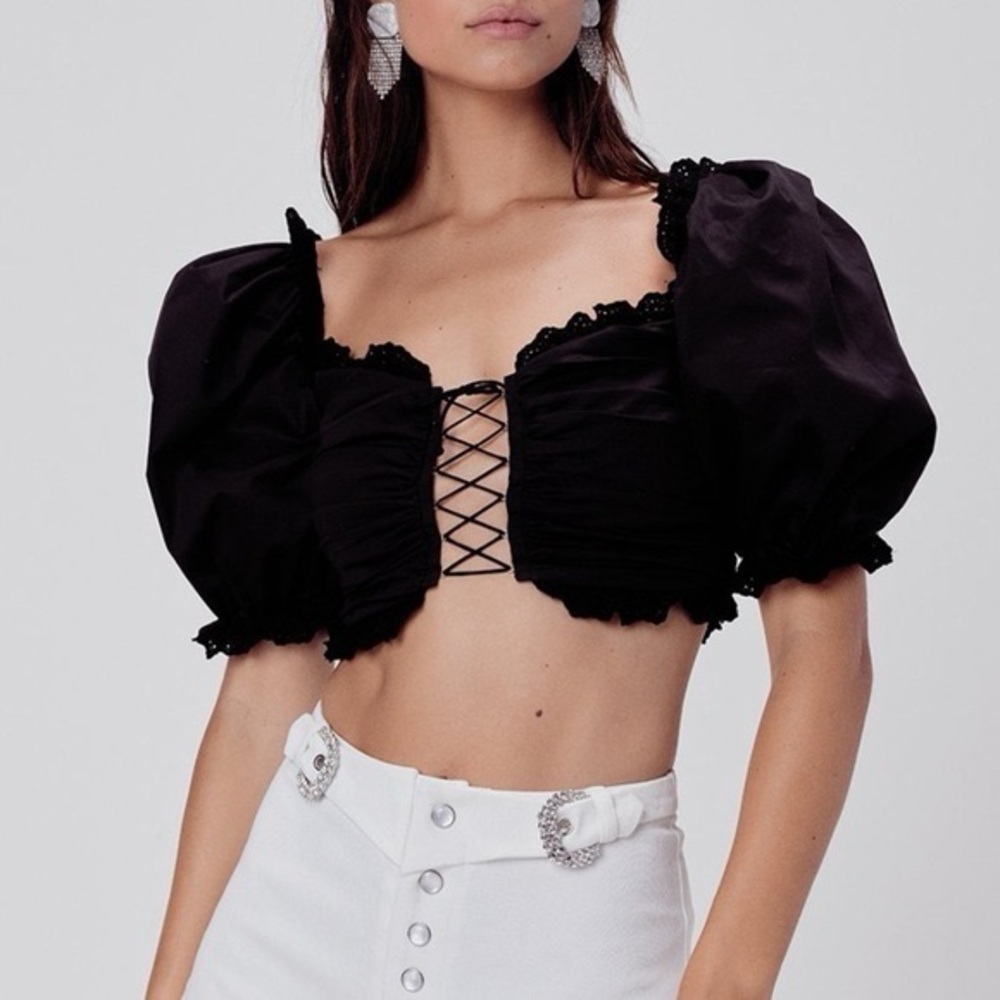 For Love and Lemons Black Ruched Puff Sleeve Top with Lace Up Front